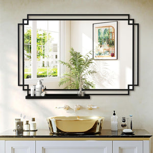 English Elm 24*36 Ines Black Iron Frame Wall Mirror with Integrated Shelf for Bath or Bedroom W708P421807