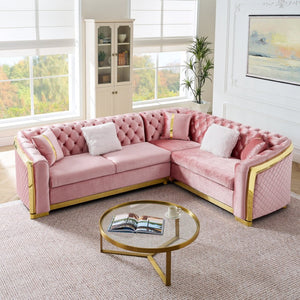 English Elm 106 Inch Velvet Tufted Chesterfield Sectional with Gold Steel Legs for Large Living Rooms Pink W1191S00129