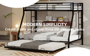English Elm High Strength Iron Bunk Bed with Rolling Trundle Minimalist Queen Frame for Three W1935P360876