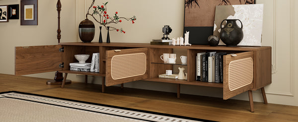 English Elm 78" Rattan TV Stand for 75-85" TVs with Glass Shelves, Solid Wood Legs, Soft-Close Doors, Walnut Finish N710P298238P