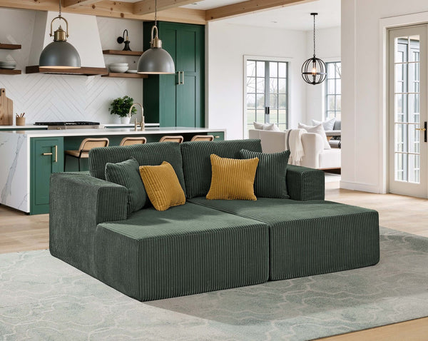 English Elm Full Corduroy Double Chaise Loveseat Foam Plush Seating for Bohemian Living Rooms Dark Green B2748S00048