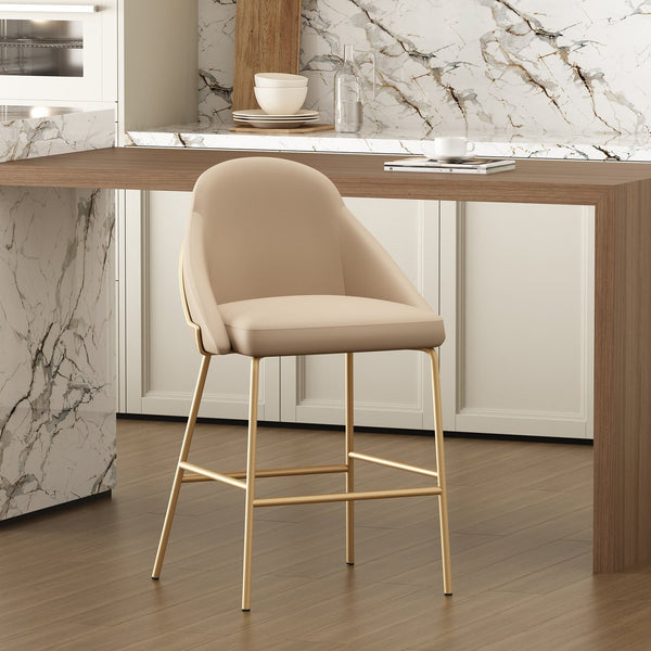 English Elm Gracie Metal Upholstered Counter Stool with Gold Frame and Luxurious Leatherette, 26" Seat Height Tan+Gold B365P397986
