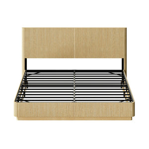 English Elm Queen Bed Frame with Led Lighting Curved Groove Panels and Floating Base Modern Bedroom Oak W1820S00052