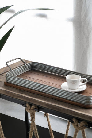 English Elm S/2 Rustic Fir Wood Serving Trays with Iron Accents for Farmhouse Tablescapes W2078P495641