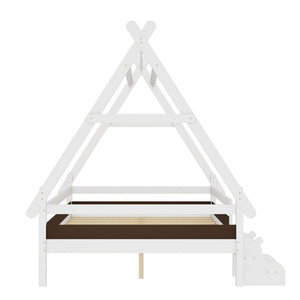 English Elm Twin House Shaped Platform Bed Solid Pine Frame with Built in Stairs for Kids Light White W1580P354720