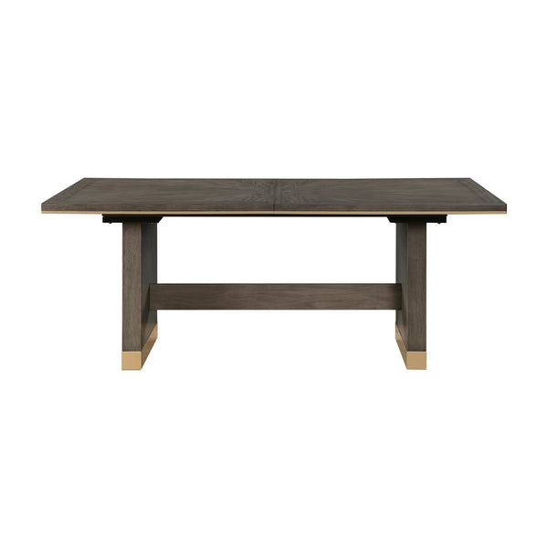 English Elm Modern Griffin Dining Table with Self-Storing 20" Leaf, Sunburst Oak Brown Finish & Gold Trim B011S01459