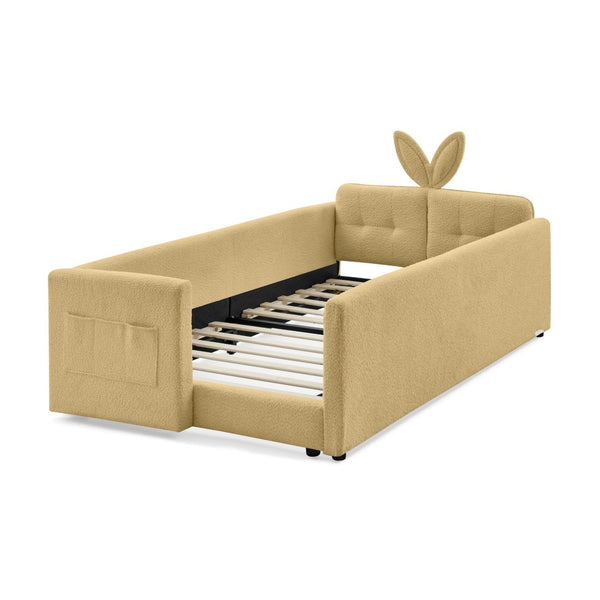 English Elm Twin Boucle Upholstered Kids Bed with Rabbit Ear Headboard Safety Rail and Side Pocket W1413P410784