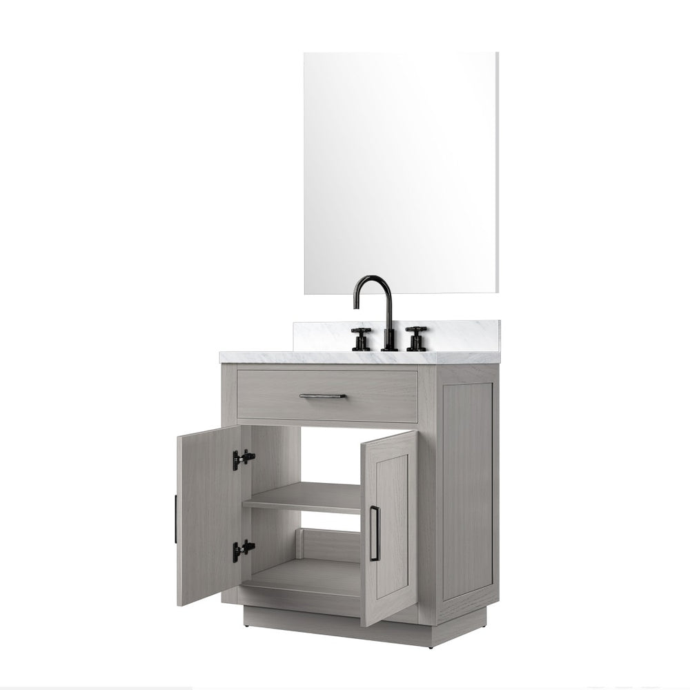 English Elm White Oak Single Bath Vanity Set With Carrara Marble Top, Mirror & Chrome Faucet - Easy Install! B2731S01951-GIGA
