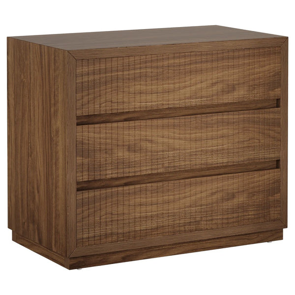 English Elm Vintage Fluted Three Drawer Nightstand Warm Brown Wood Grain Finish Bedroom Storage T3971P464731