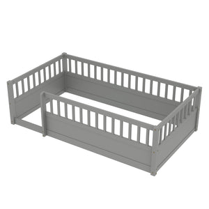 English Elm Twin Montessori Floor Bed Frame for Kids – Pine Playroom Bed with Fence for Reading & Imaginative Play Gray W1580P307881