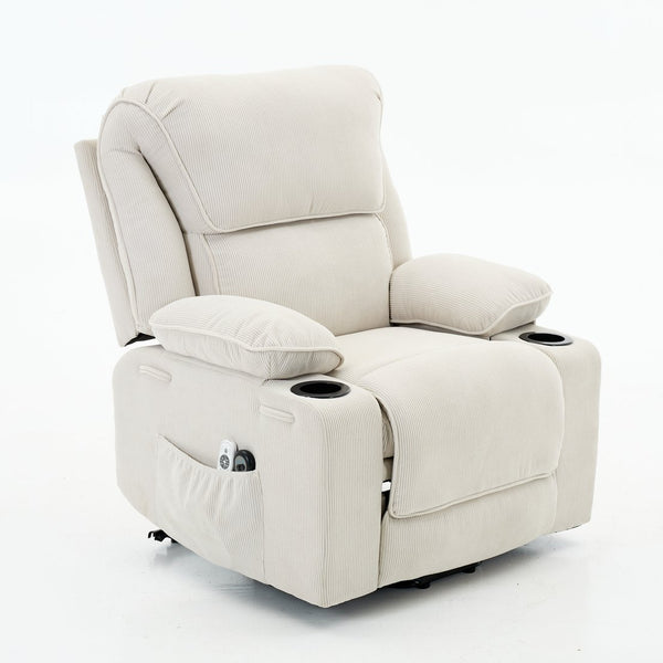 English Elm Ivory Corduroy Recliner with Heat, Massage & Assistive Lift — Remote Control, Cup Tray Comfort W570P320340
