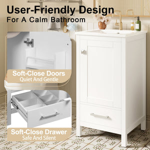 English Elm 18-Inch Modern Bathroom Vanity with Ceramic Sink, Soft-Close Doors, Divider Drawer & Adjusting Feet White N729P334854K