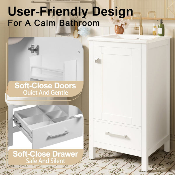 English Elm 18-Inch Modern Bathroom Vanity with Ceramic Sink, Soft-Close Doors, Divider Drawer & Adjusting Feet White N729P334854K