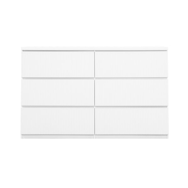 English Elm 6 Drawer Storage Cabinet White — Stylish 6-Drawer Dresser wavy fronts, spacious organizer for bedroom, hallway, entryway, living room W409P270435