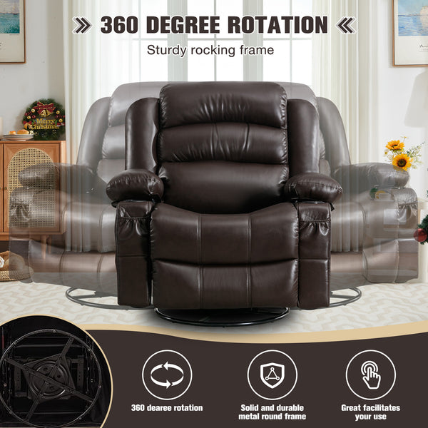 English Elm Massage Swivel Rocker Recliner with Heat Vibration, 360° Rotate, 155° Recline, USB Port, Brown W1521130741