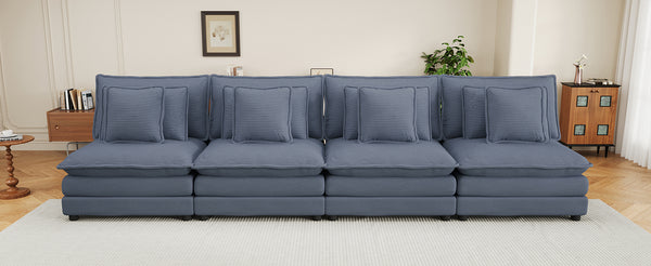 English Elm 141.6" Modern Sofa Modular Couch Upholstered Corduroy with Pocket Springs, Removable Backrests & Pillows Blue N719S001727C