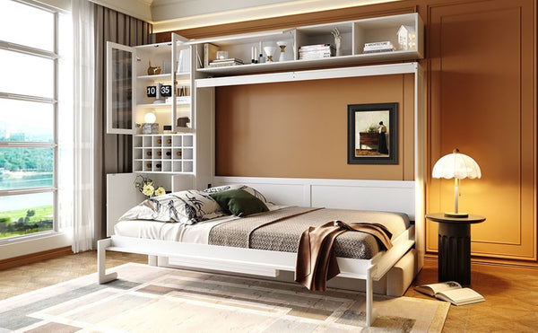 English Elm Queen Murphy Wall Bed Sofa with Open Shelving Usb Charging and Integrated Studio Lighting Gray,White LP100764AAK