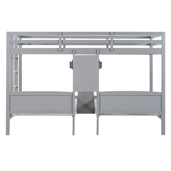 English Elm Twin Triple Bunk Bed with Built in Desk Open Shelving and Led Task Lighting Gray N7090002243E