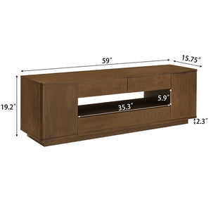 English Elm 59" Mid-century Walnut Entertainment Center Low Profile Media Console with Carved Cabinets W1801P457802