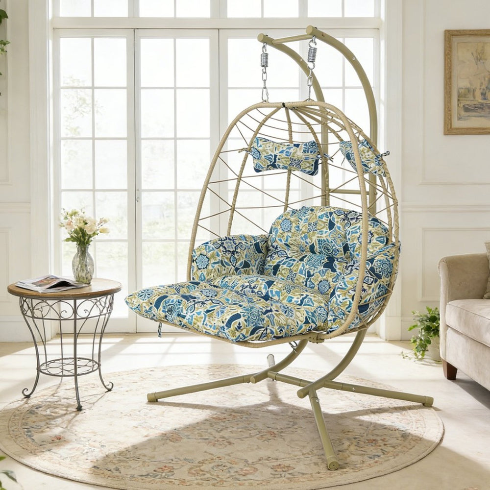 English Elm 2 Person Wicker Hanging Egg Chair with Stand Padded Cushions Patio Swing Seat T5880P500219