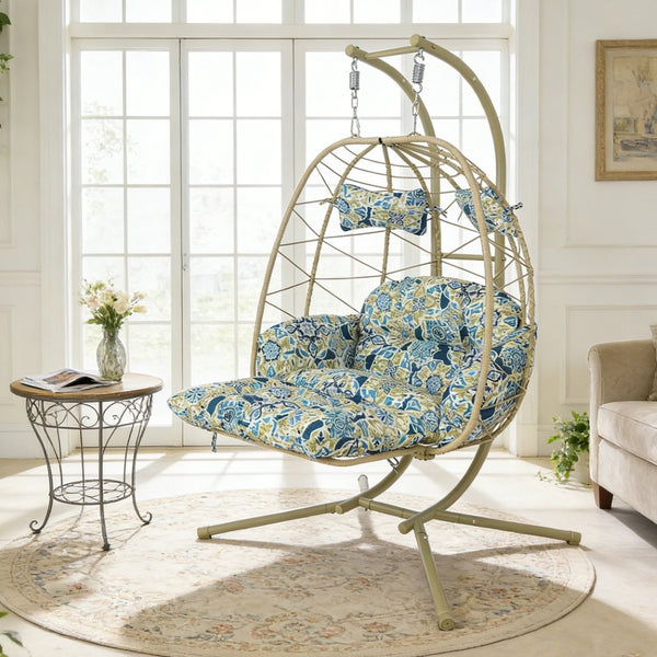 English Elm 2 Person Wicker Hanging Egg Chair with Stand Padded Cushions Patio Swing Seat T5880P500219