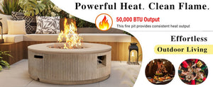 English Elm U_style Round Mgo Propane Fire Pit 50000 Btu Sculptural Outdoor Patio Table with Lava Rocks Brown N711P410549D