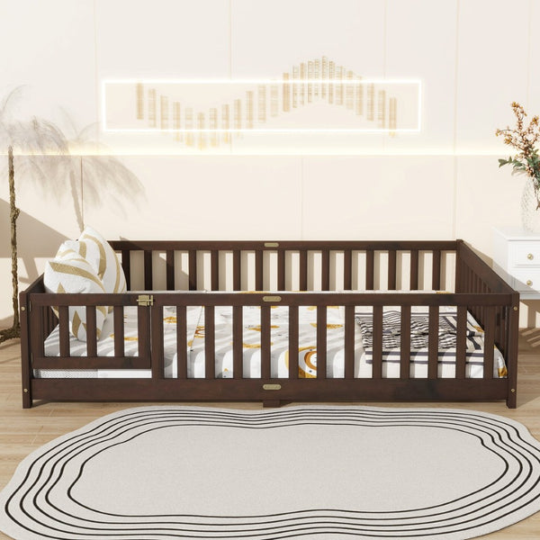 English Elm Full Size Rubberwood Floor Bed with Safety Guardrails and Latching Door for Toddlers Espresso W504P429302