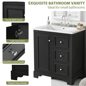 English Elm 30-Inch elegant bathroom vanity with ceramic basin, soft-close drawers, adjustable shelves, durable finish Black N729P176237B