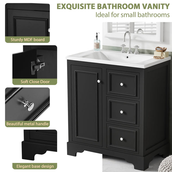 English Elm 30-Inch elegant bathroom vanity with ceramic basin, soft-close drawers, adjustable shelves, durable finish Black N729P176237B