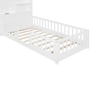 English Elm Twin House Bed Frame with Drawers Shelves and Usb Charging for Kids Bedroom LT000422AAK-1