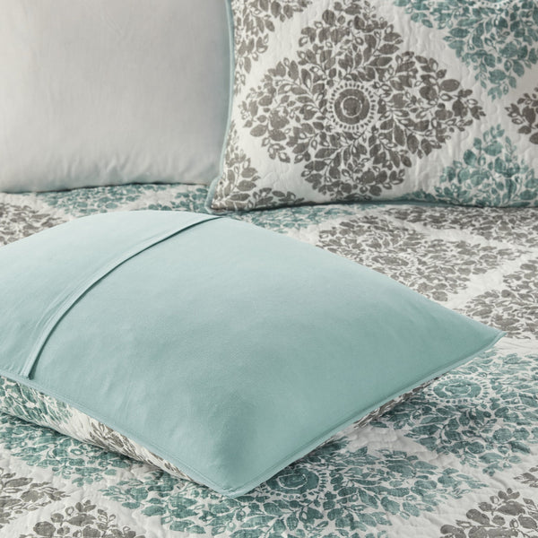 English Elm 6 Piece Printed Quilt Set With Decorative Pillows In Aqua - Reversible Design, Oeko-Tex Certified B03597394