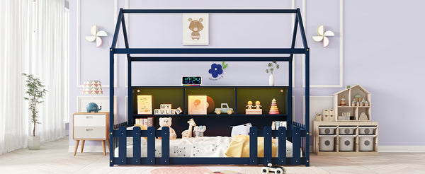 English Elm Twin House Bed with LED Light and Built-In Bookshelf, Solid Wood Playhouse Design for Kids Safety Navy Blue 78.15 L x 15.75 W x 6.1 H W2593P269090