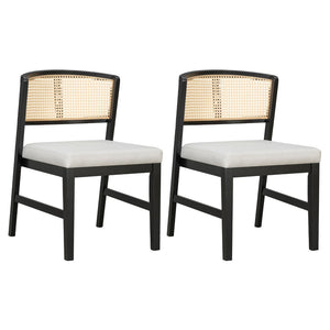 English Elm Rattan Back Armless Dining Chairs Upholstered Seat Rubberwood Frame Kitchen Set of 2 Black+Beige N842P400687B