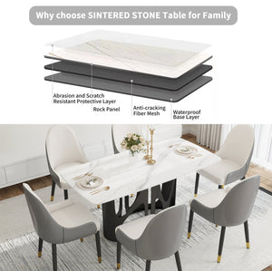 English Elm 63" Modern Sintered Stone Dining Table With Curved White Top & Black Iron Legs For 6 People W1535S00434