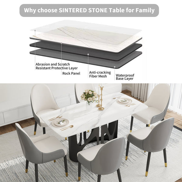 English Elm 63" Modern Sintered Stone Dining Table With Curved White Top & Black Iron Legs For 6 People W1535S00434