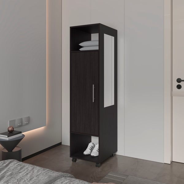 English Elm Summit Melamine Wardrobe with Mirror, Door & Open Storage in Black — Sleek Space-Saving Closet Organizer B128P225196