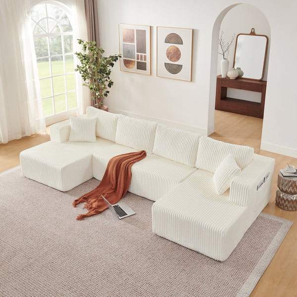 English Elm 132" U-shaped Modular Corduroy Sectional with Deep Foam Cushions for Living Room Beige W5802S00002