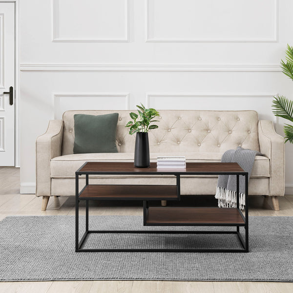 English Elm Walker Edison - Contemporary Two-Tone Metal Coffee Table with Floating Shelves, Powder-Coated Steel, Durable MDF Laminate Finish Dark Brown 43 L x 26 W x 5 H B185P169015