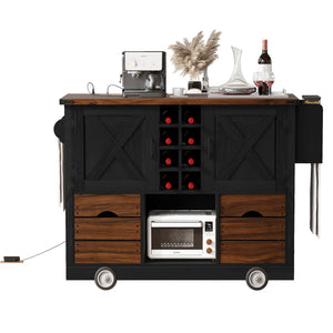 English Elm K&K 54" Farmhouse Kitchen Island Cart with Drop Leaf, Wine Rack, Power Outlet and Rolling Storage Black N707P349814B