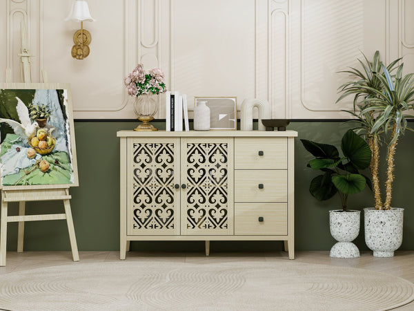 English Elm Hollowed-Out Cabinet With 2 Doors & 3 Drawers – Stylish American Furniture For Versatile Storage Solutions W688P223034