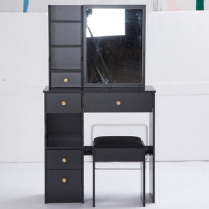 English Elm 29.2" Stylish Compact Desktop Vanity Set With Cushioned Stool & Extra-Large Sliding Mirror, Ideal For Small Spaces W936P226017