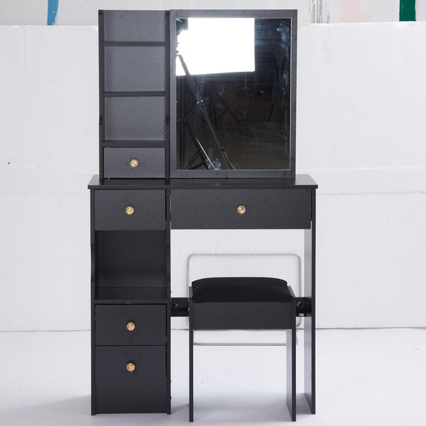 English Elm 29.2" Stylish Compact Desktop Vanity Set With Cushioned Stool & Extra-Large Sliding Mirror, Ideal For Small Spaces W936P226017