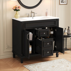 English Elm 36'' Modern Bathroom Vanity With Black Ceramic Top, Soft Closing Doors & Drawers For Stylish Storage N710P230231B