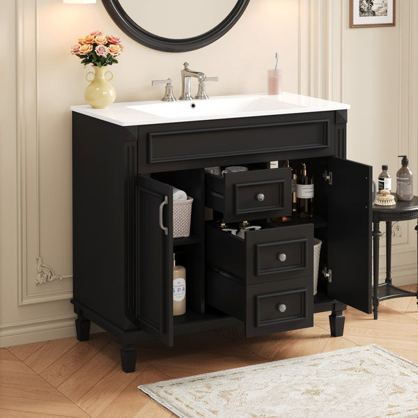 English Elm 36'' Modern Bathroom Vanity With Black Ceramic Top, Soft Closing Doors & Drawers For Stylish Storage N710P230231B