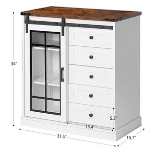 English Elm Storage Cabinet Rustic Farmhouse Sideboard with Glass Barn Doors, 5 Drawers & Adjustable Shelves, White-Walnut W2896P215177