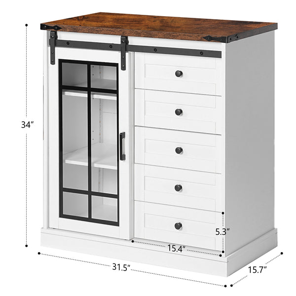English Elm Storage Cabinet Rustic Farmhouse Sideboard with Glass Barn Doors, 5 Drawers & Adjustable Shelves, White-Walnut W2896P215177