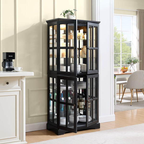English Elm Curio Black Glass Cabinet with Cherry Finish, Adjustable Shelves, Vintage Lattice Doors & E26 Bulb Included W2275P300144