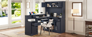 English Elm L-shaped Corner Computer Desk with Built-in Outlets Drawers and Open Shelving Storage W1580S00270