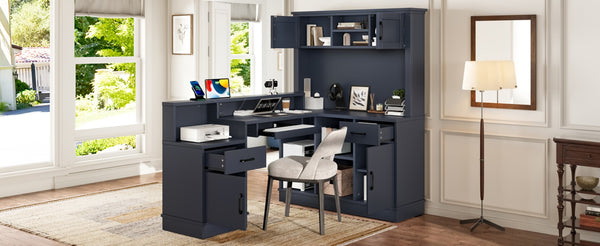 English Elm L-shaped Corner Computer Desk with Built-in Outlets Drawers and Open Shelving Storage W1580S00270
