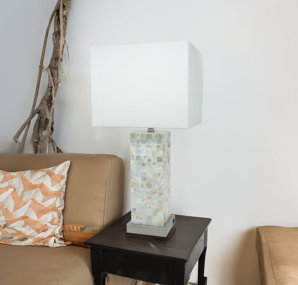 English Elm Modern Mother-of-Pearl Mosaic Table Lamp 2pc Set – Chrome Base, Touch LED, USB Port, Soft Diffused Glow B2741P370422